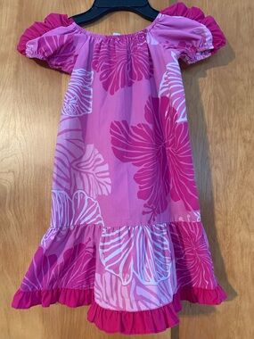 Hala Made in Hawaii Girls Pink Hawaiian Floral Ruffle Dress puff sleeves